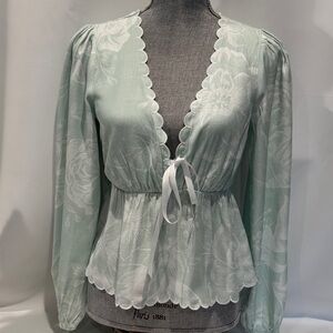 Light Mint Scalloped Tie-Front Blouse Size Small